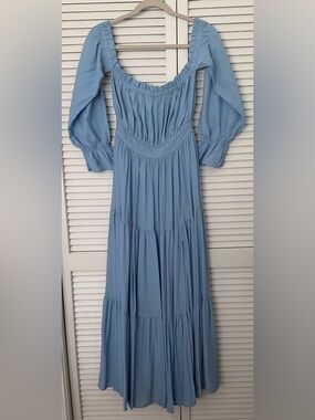 Light Blue Long Sleeve Tiered Maxi Dress